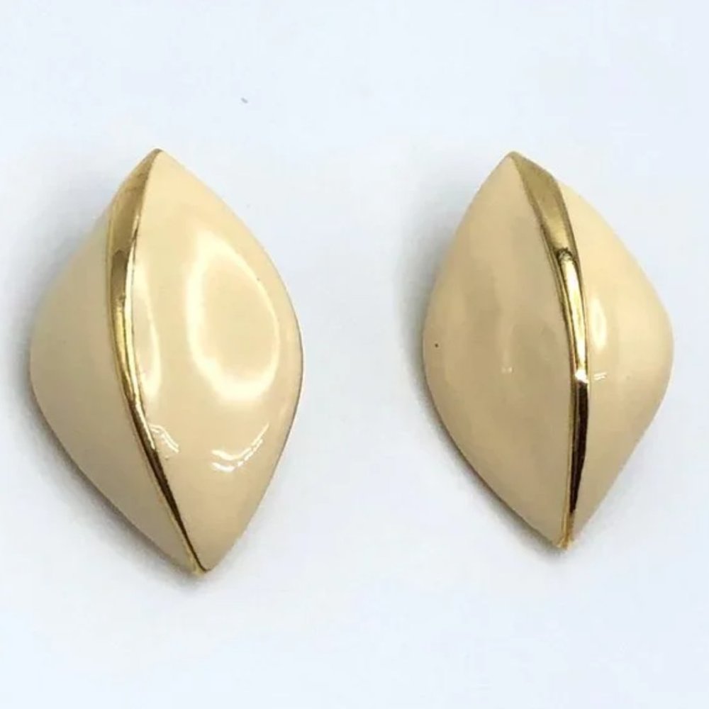Vintage Marvella Gold Tone Cream Enamel Modernist Marquise Shaped Earrings